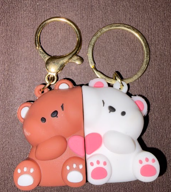 Brown and white teddy bear couple keychain set with gold keyrings