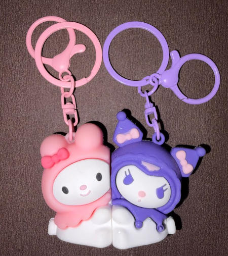 My Melody and Kuromi couple keychain set with pink and purple keyrings